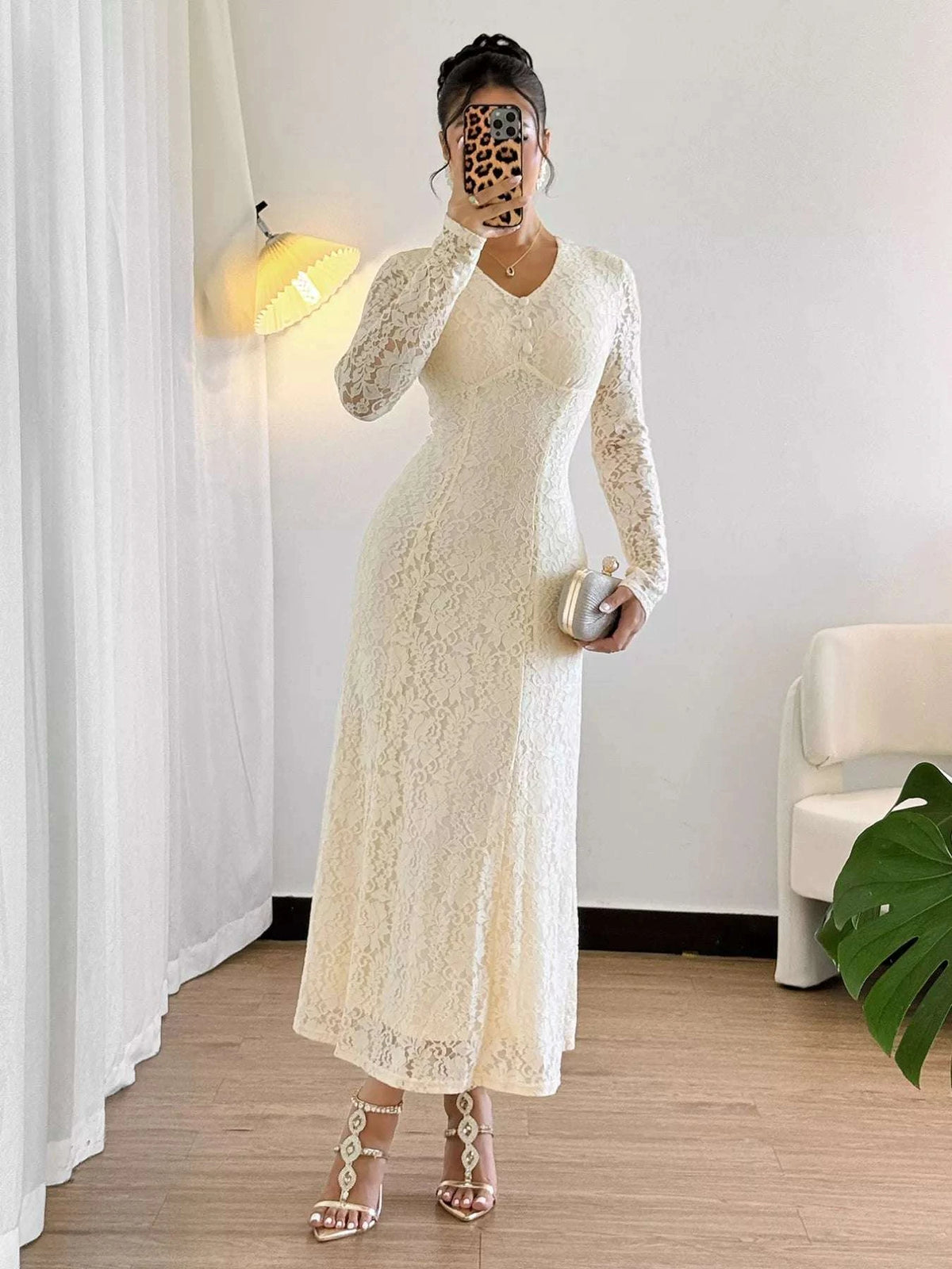 Lace V-Neck Long Sleeve Dress WESTCLOSET