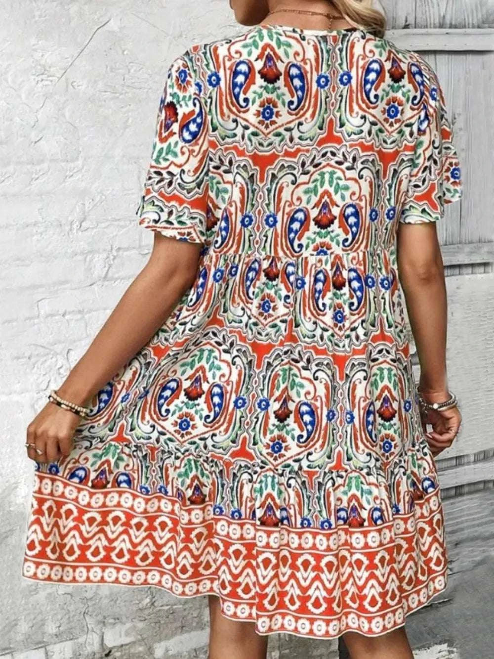 Printed Tie Neck Short Sleeve Dress WESTCLOSET