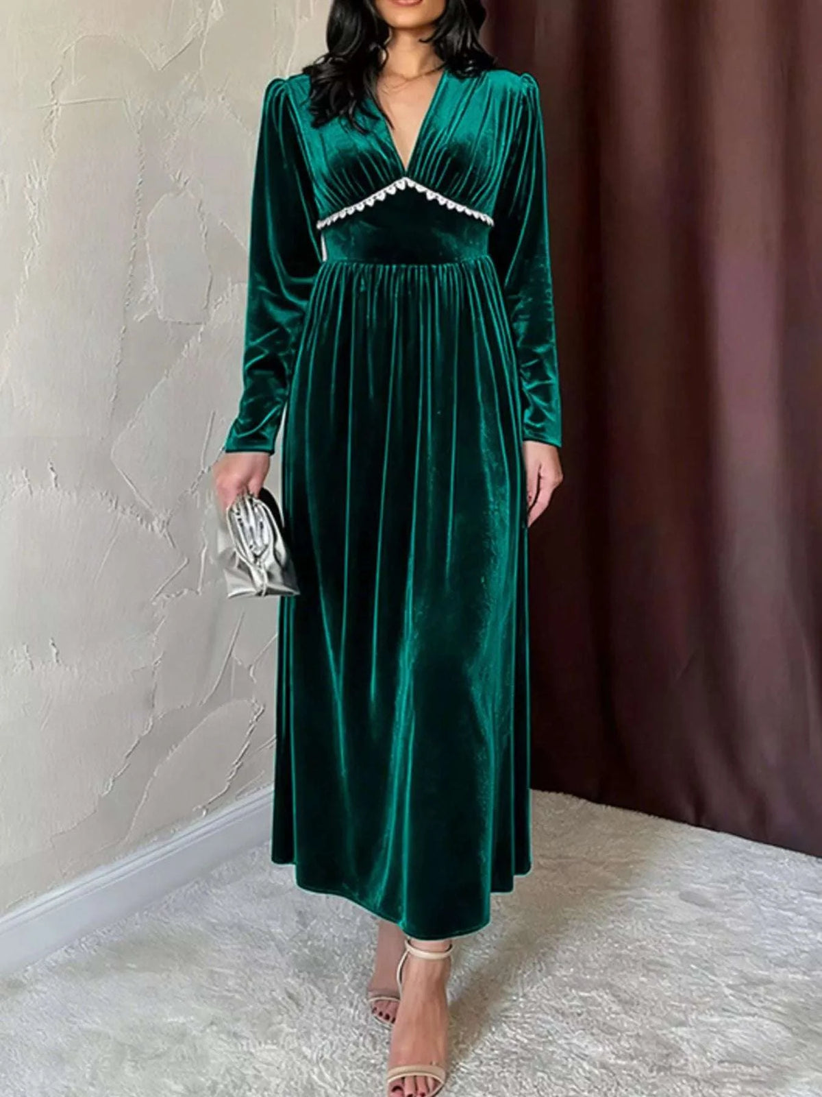 Velvet V-Neck Long Sleeve Maxi Dress WESTCLOSET