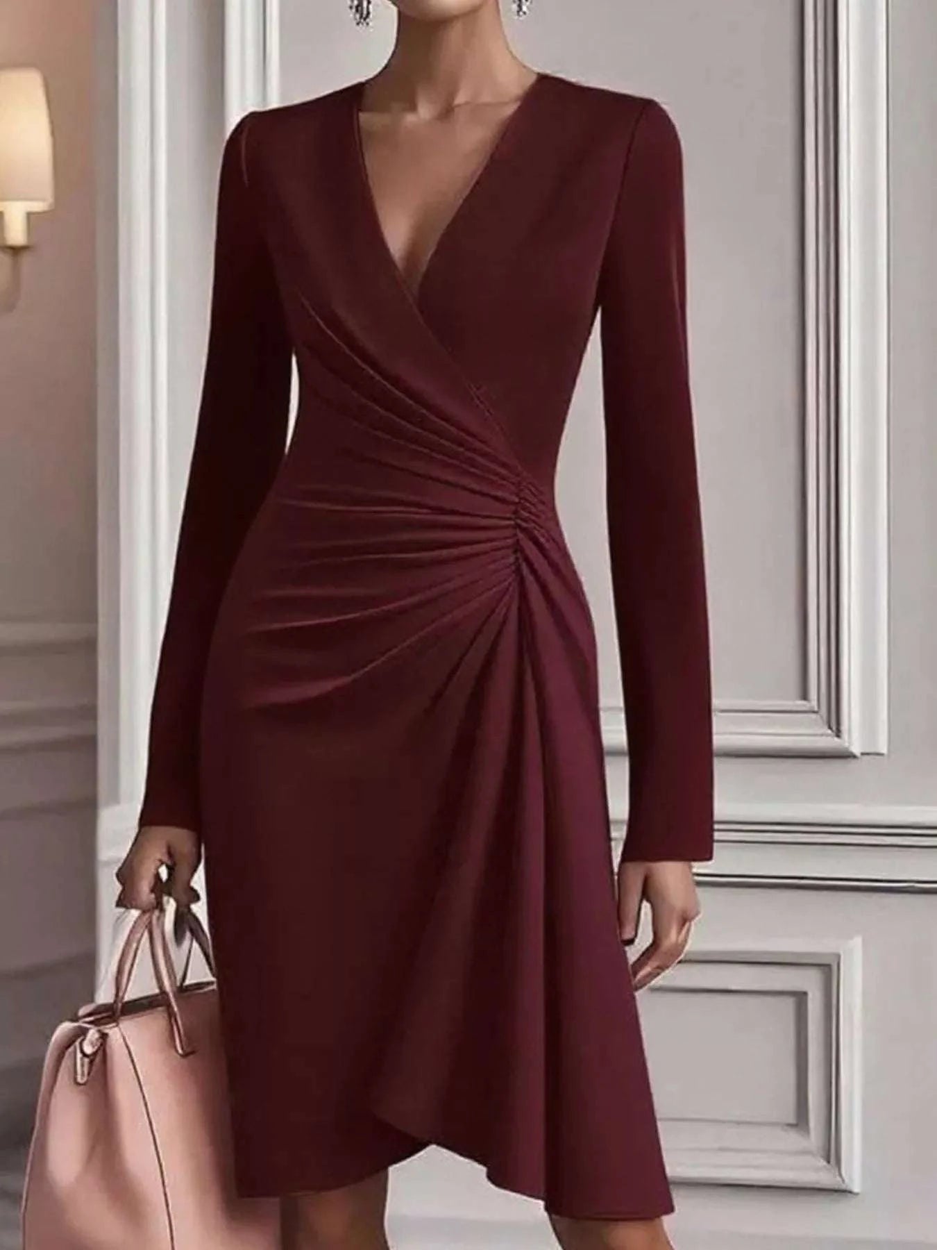 Ruched Surplice Long Sleeve Dress WESTCLOSET