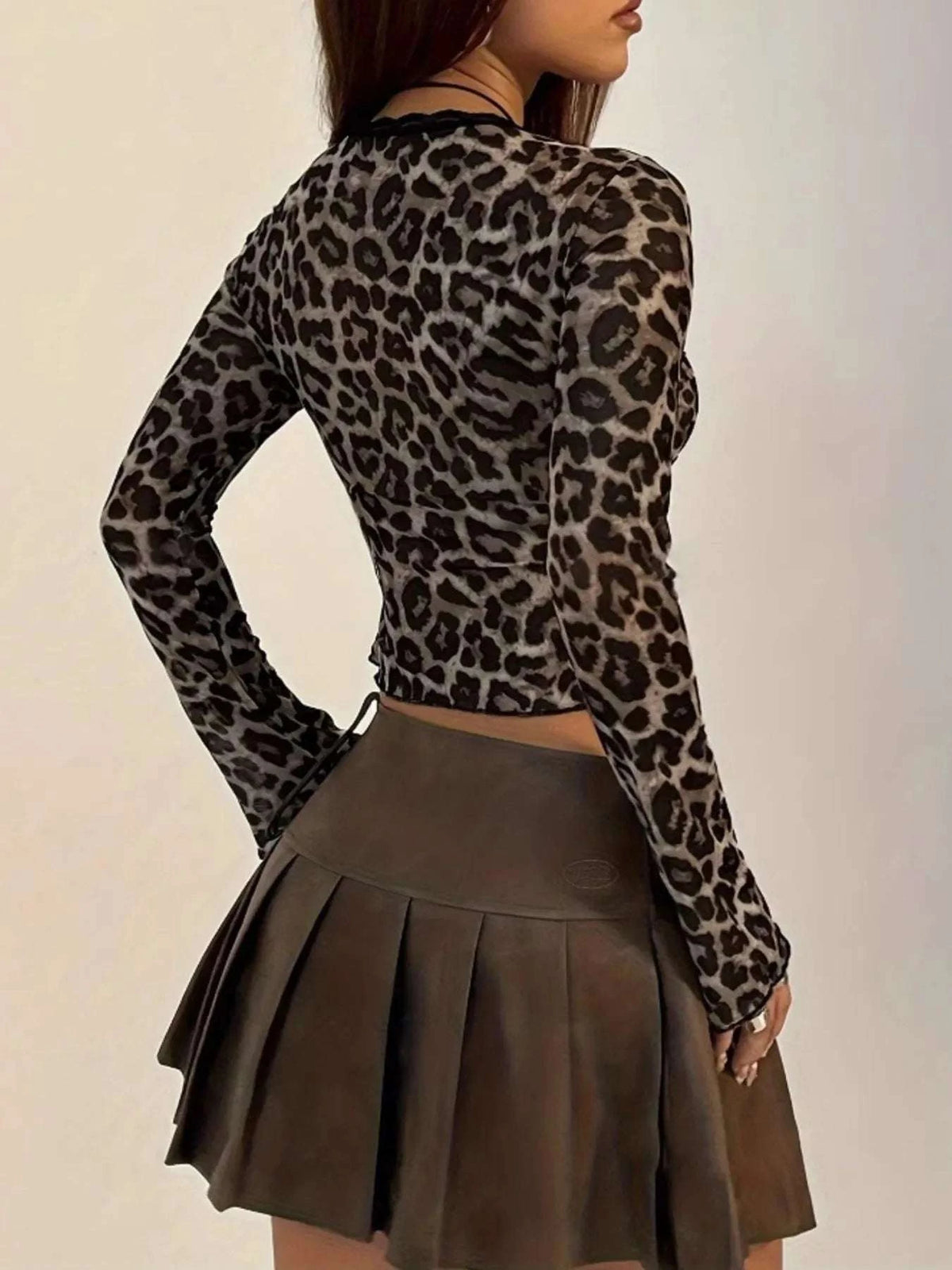 Leopard Print Long Sleeve Tie-Front Top WESTCLOSET