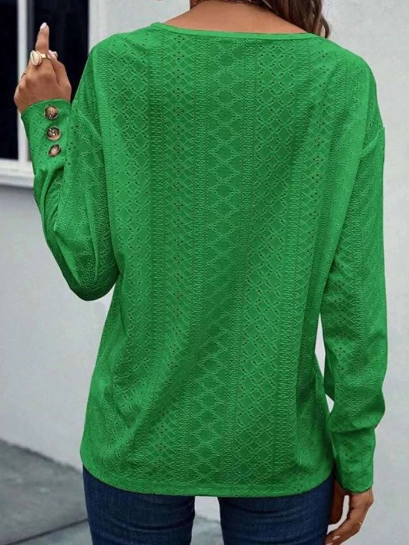 Eyelet V-Neck Long Sleeve T-Shirt WESTCLOSET