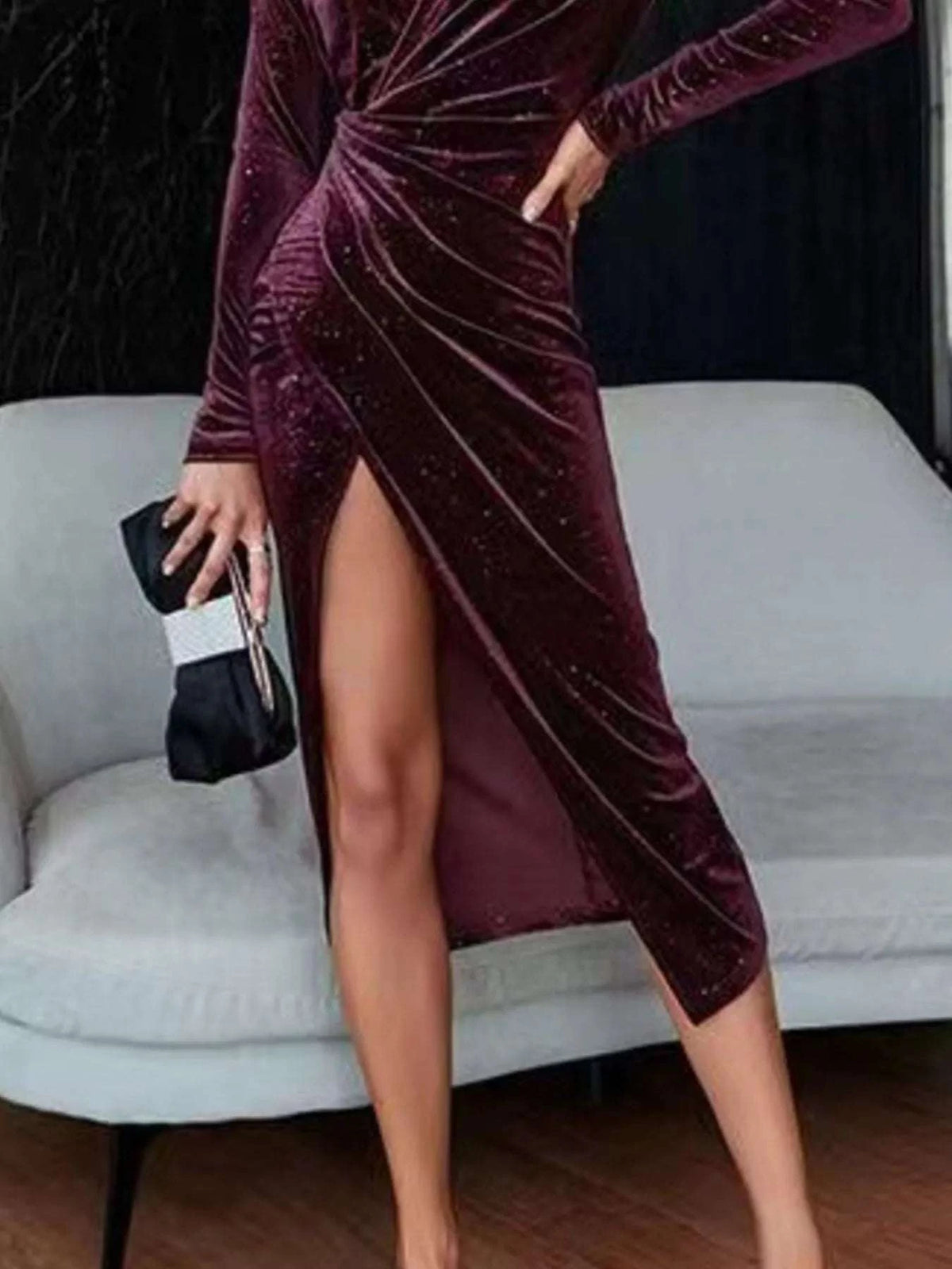 Velvet Ruched Slit Midi Dress WESTCLOSET