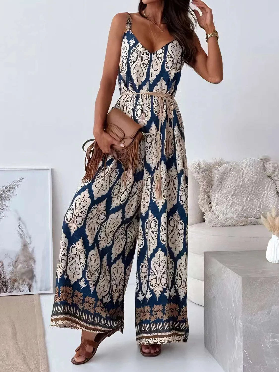 Printed V-Neck Wide Leg Jumpsuit WESTCLOSET