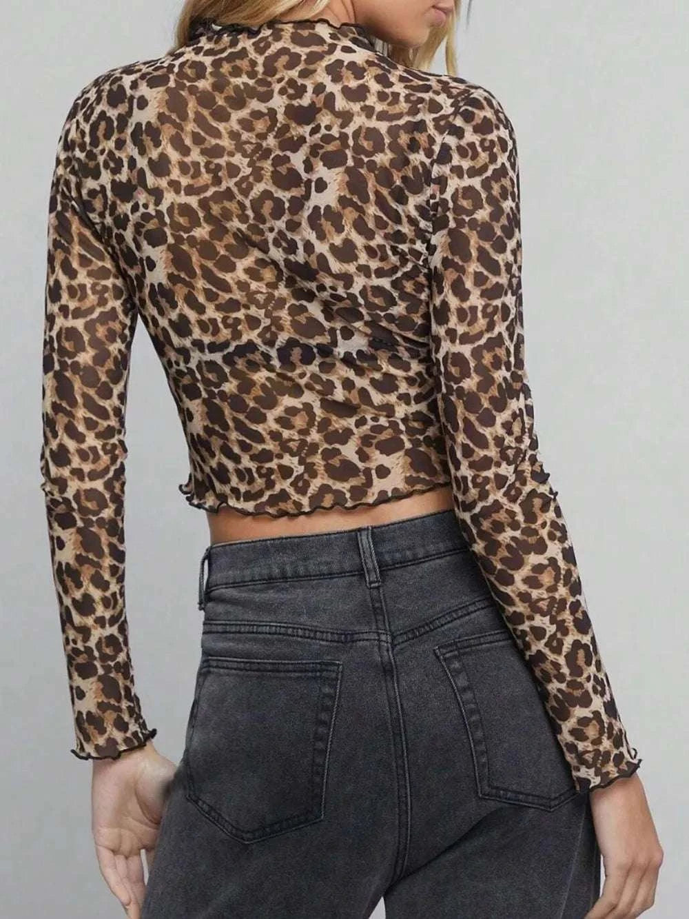 Leopard Mock Neck Long Sleeve Sheer Top WESTCLOSET