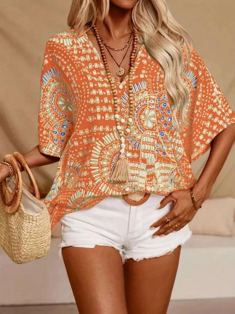 Printed V-Neck Half Sleeve Top WESTCLOSET