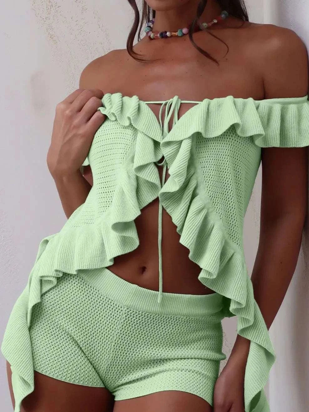 Off-Shoulder Ruffle Top and Shorts Sweater Set WESTCLOSET