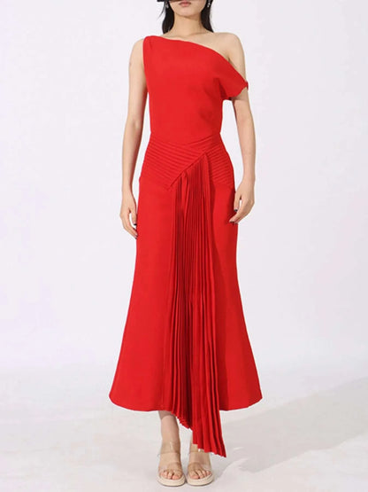 Single Shoulder Pleated Dress WESTCLOSET