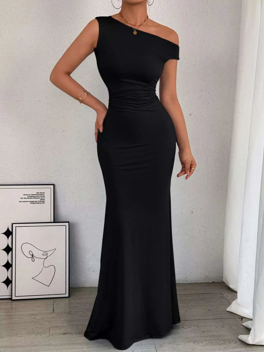 One-Shoulder Ruched Bodycon Maxi Dress WESTCLOSET