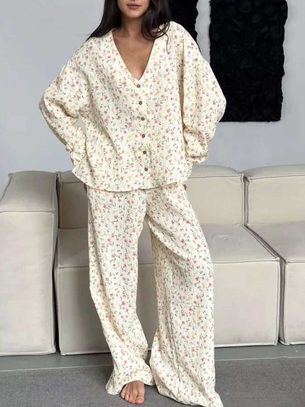 Floral Print Button-Down Top and Pants Lounge Set WESTCLOSET