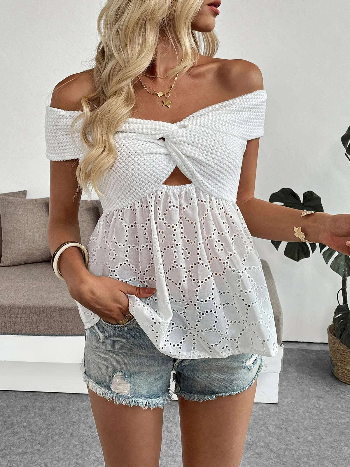 Eyelet Cutout Off-Shoulder Blouse WESTCLOSET