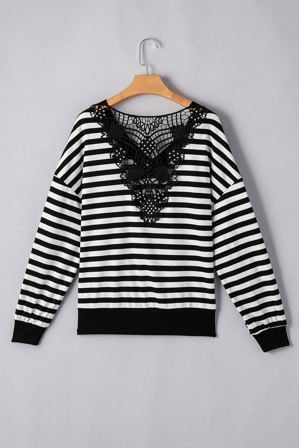 WestCloset Striped Lace Detail V Neck Top 