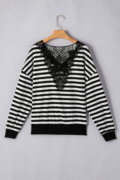 WestCloset Striped Lace Detail V Neck Top 