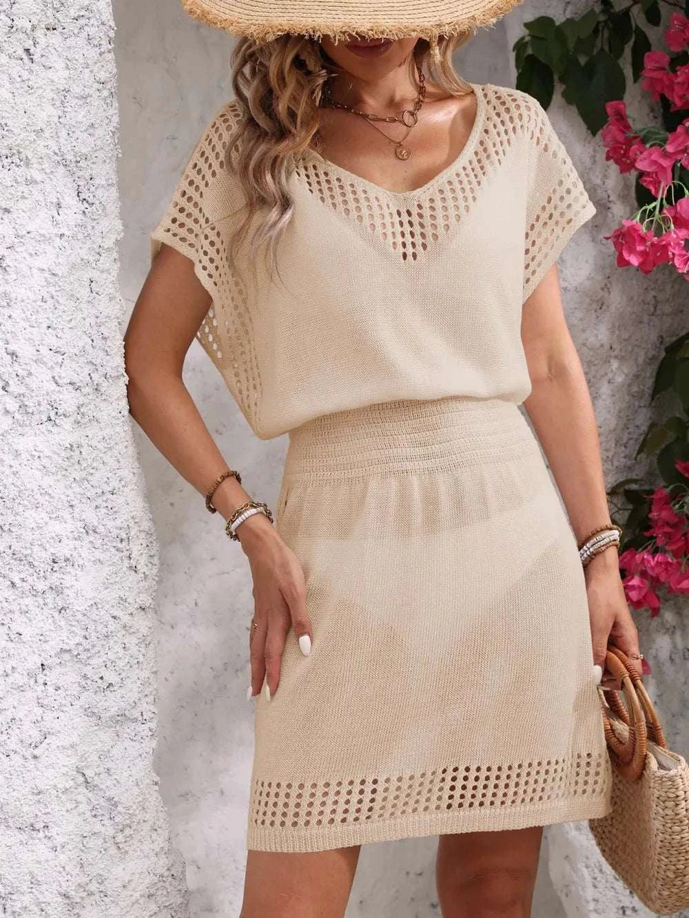 Openwork V-Neck Short Sleeve Cover-Up Dress WESTCLOSET
