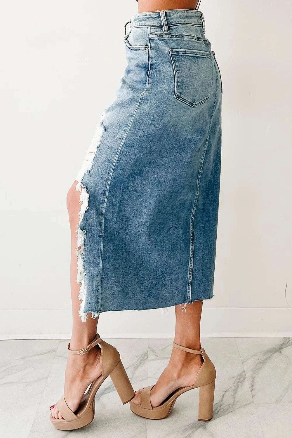 Distressed Asymmetrical Denim Skirt with Frayed Hem WESTCLOSET