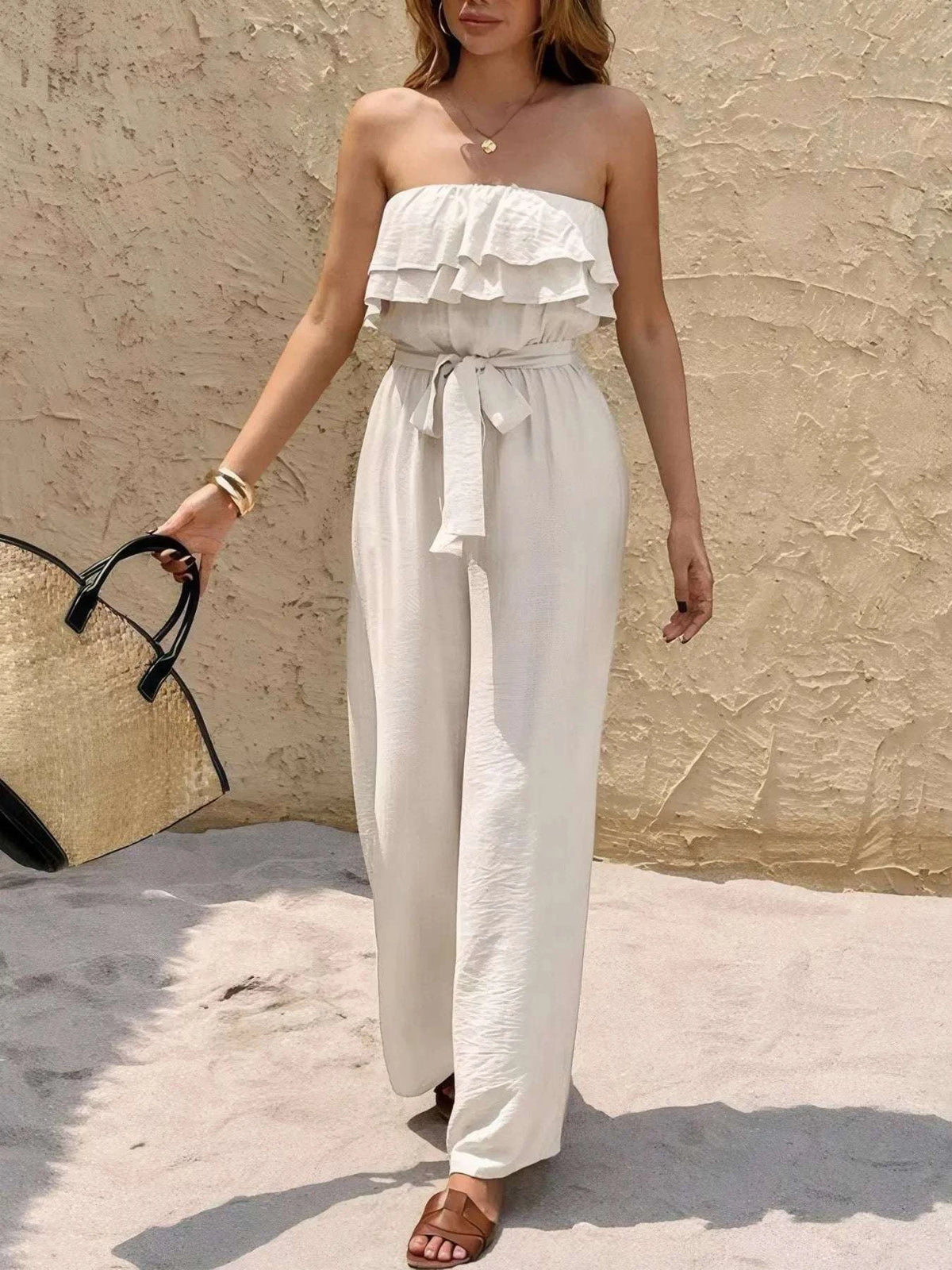 Off-Shoulder Ruffled Wide Leg Jumpsuit WESTCLOSET