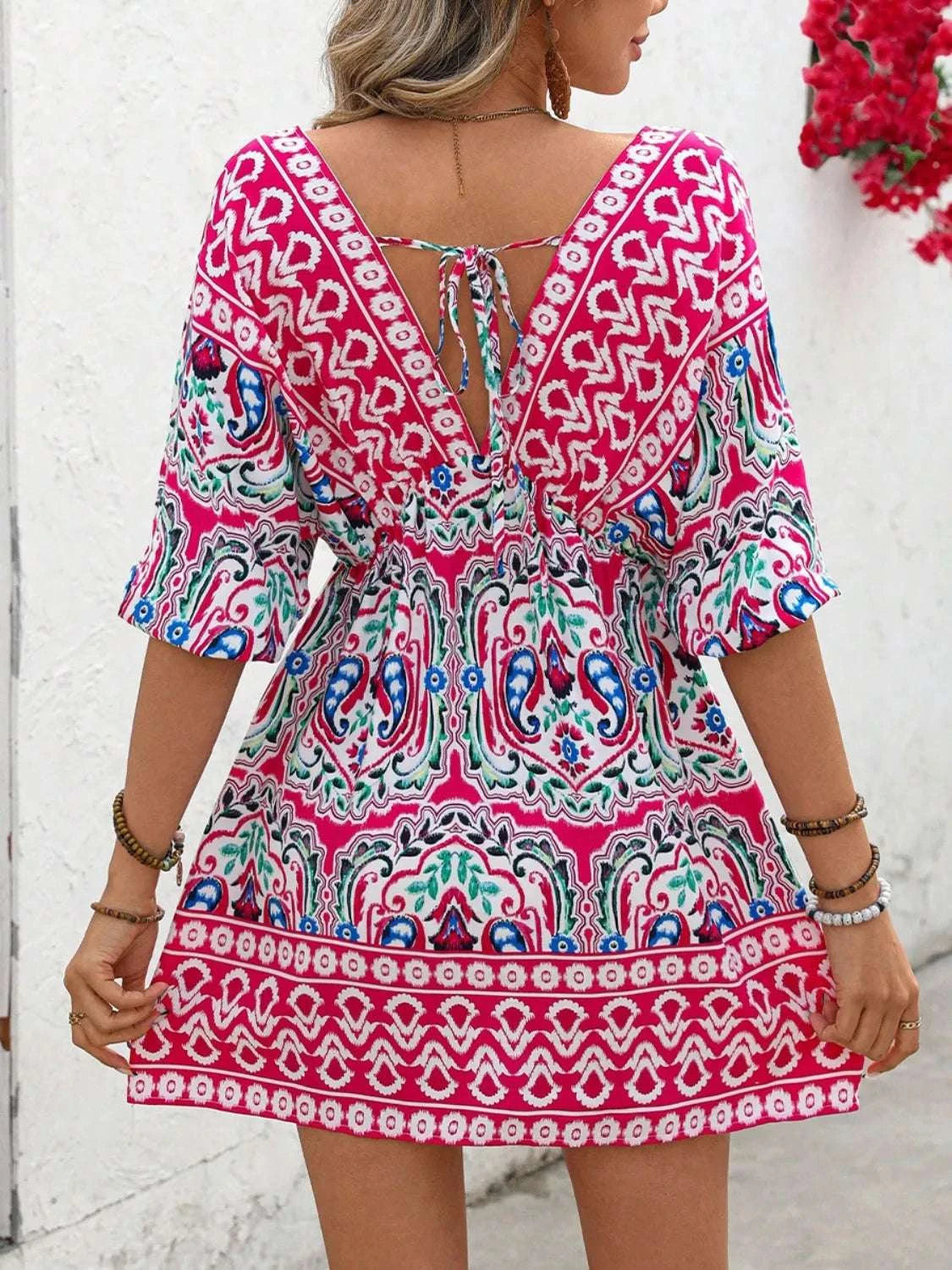 Printed Tie Back Half Sleeve Mini Dress WESTCLOSET