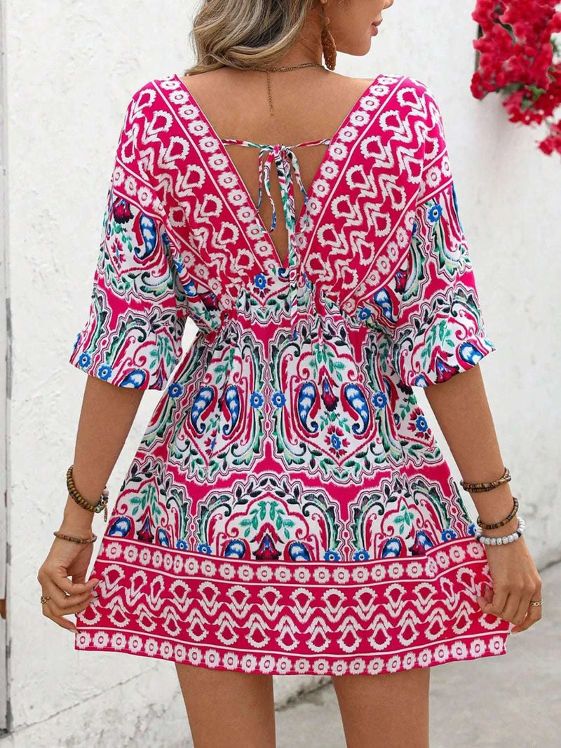Printed Tie Back Half Sleeve Mini Dress WESTCLOSET