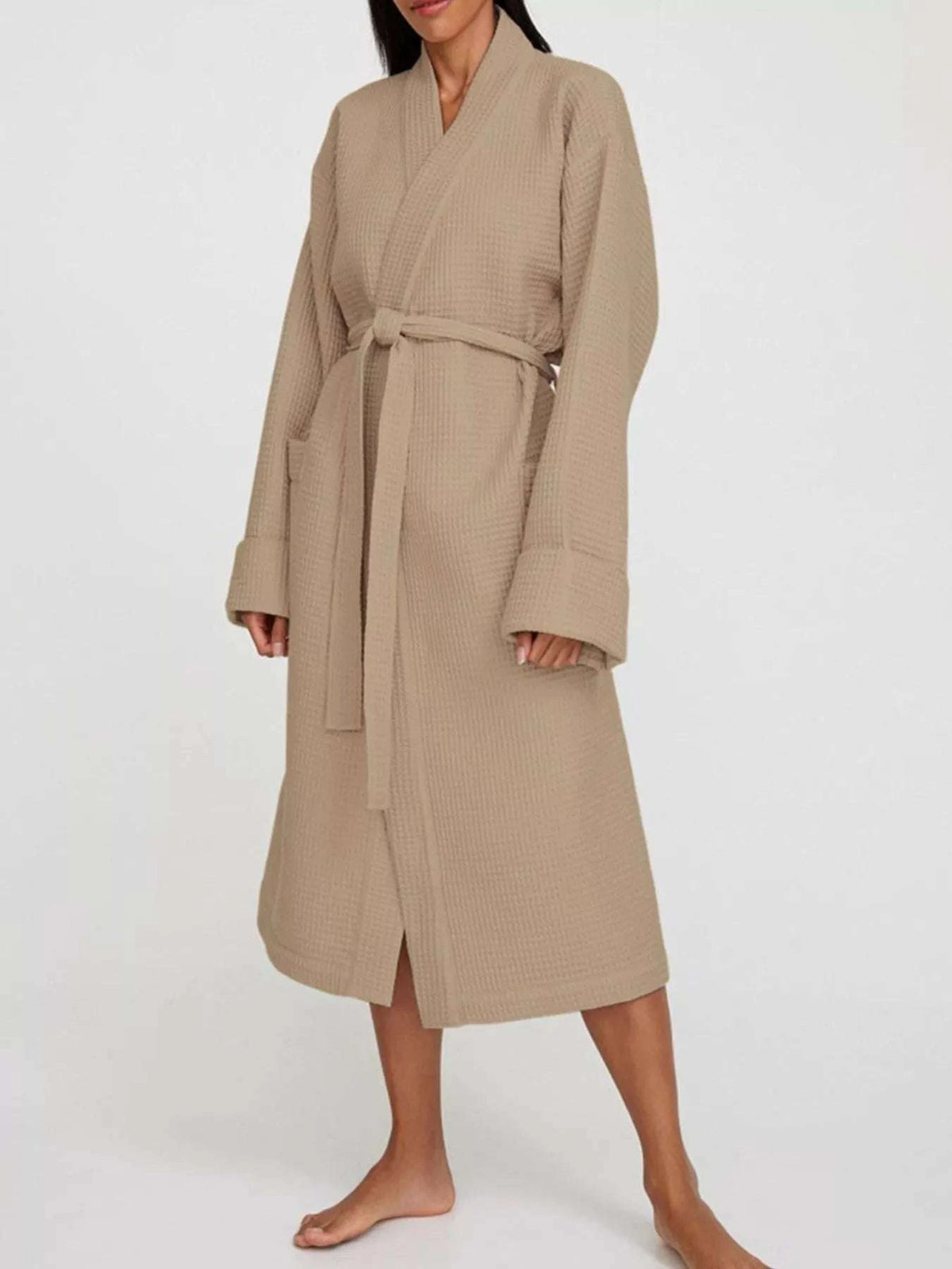 Waffle Knit Tie Waist Lounge Nightgown WESTCLOSET