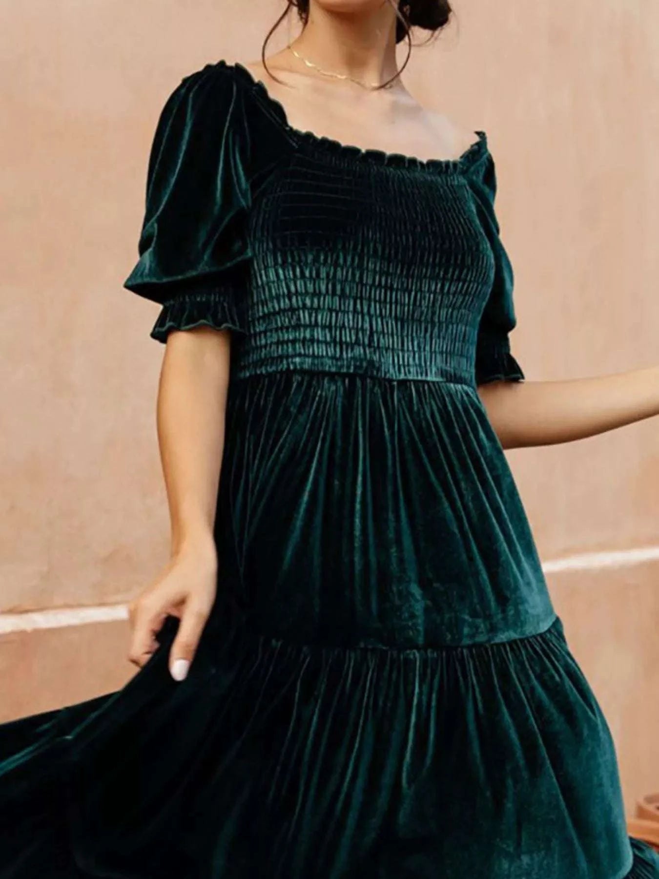 Velvet Smocked Tiered Midi Dress WESTCLOSET