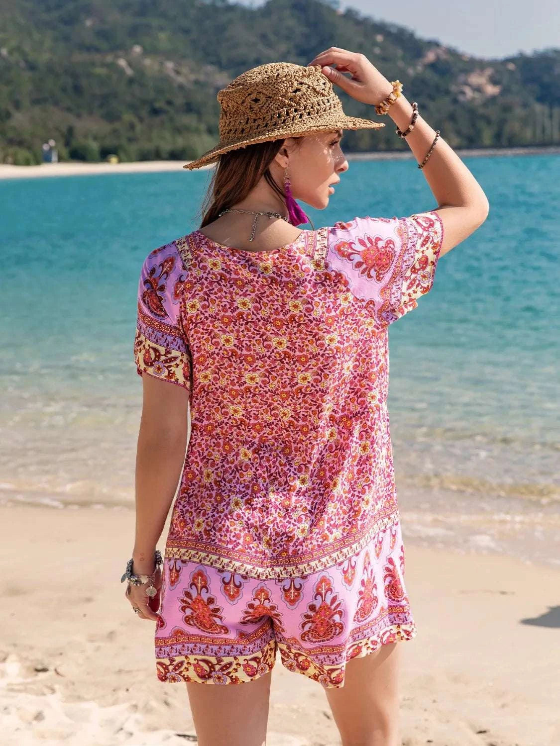 Printed V-Neck Short Sleeve Romper WESTCLOSET