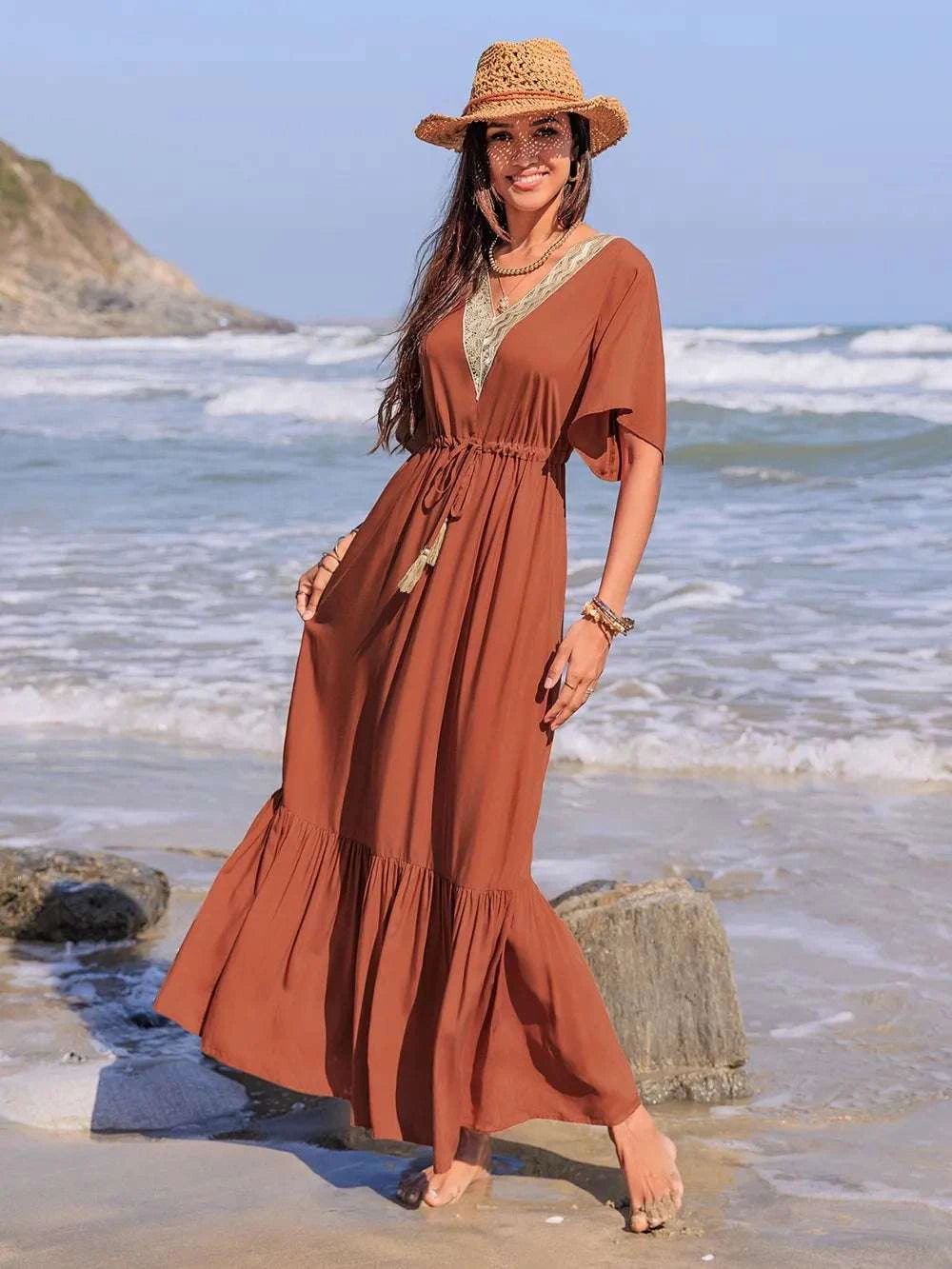 Ruffled Tassel V-Neck Flutter Sleeve Dress WESTCLOSET