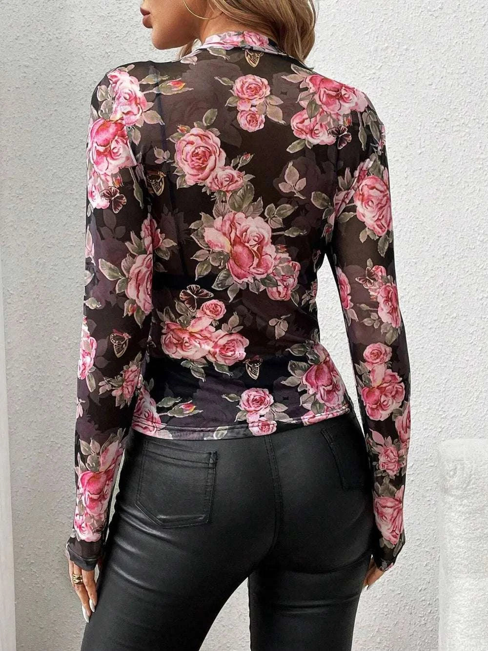 Mesh Floral Mock Neck Long Sleeve Top WESTCLOSET