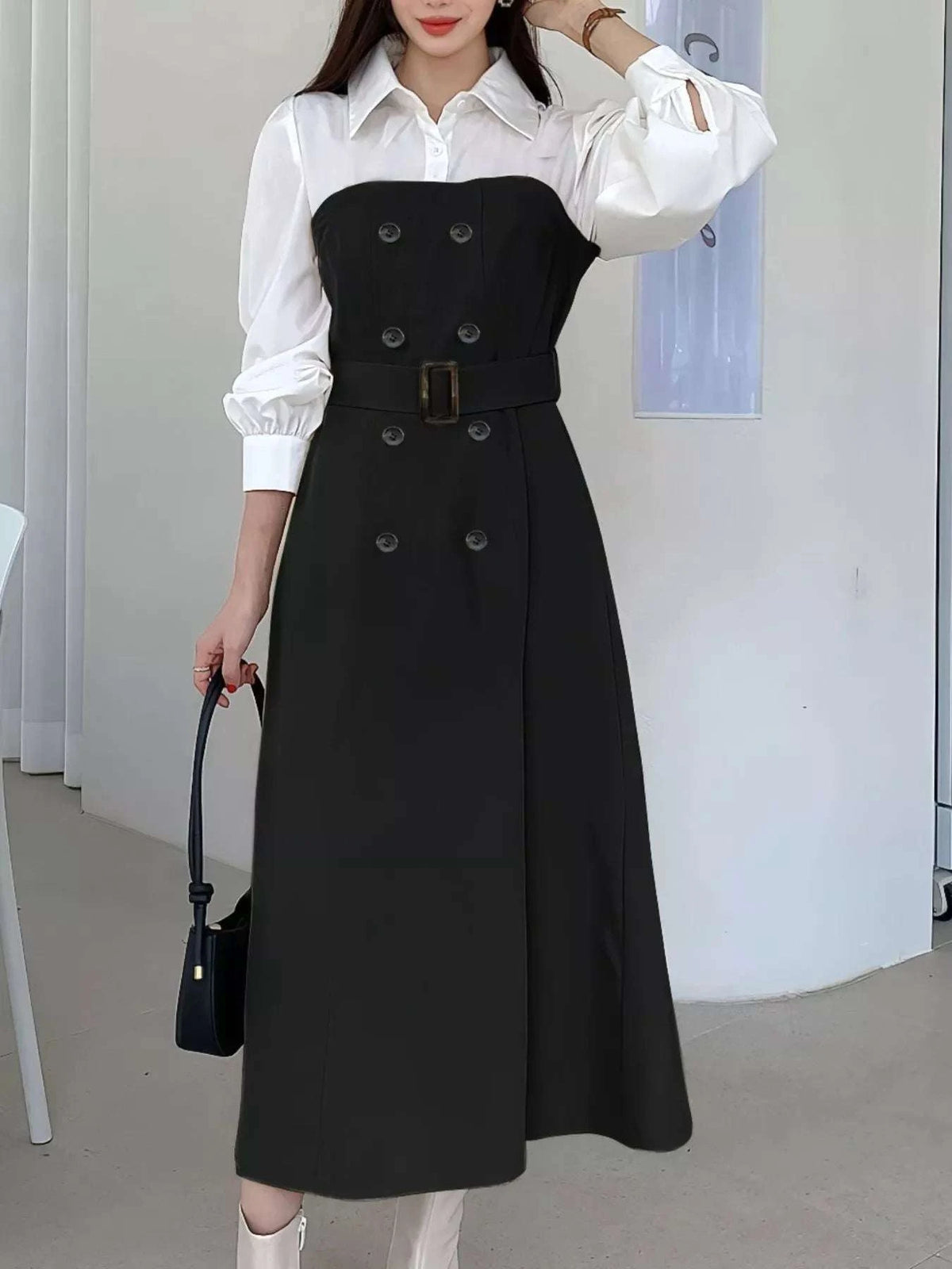 Two Tone Long Sleeve Collared Neck Dress WESTCLOSET