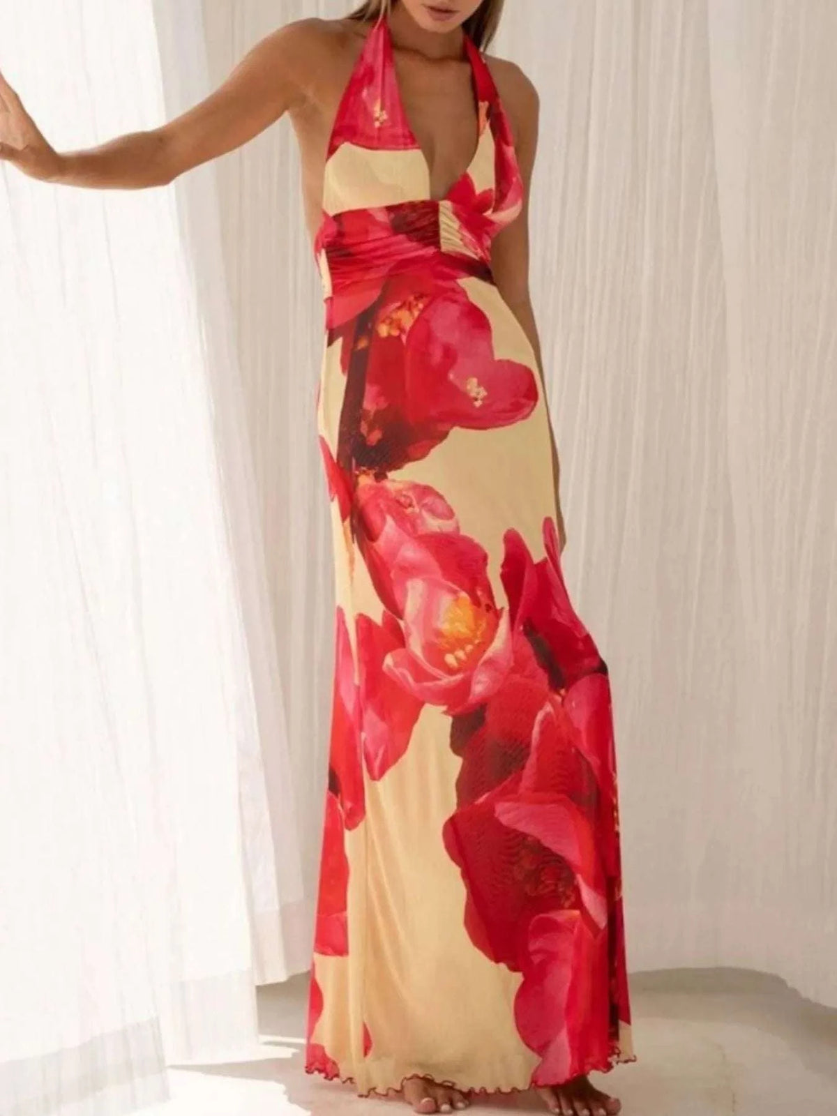 Floral Halter Neck Deep V Maxi Dress WESTCLOSET