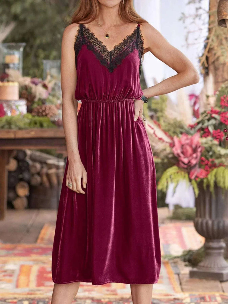 Velvet Cami Lounge Dress with Lace Trim WESTCLOSET