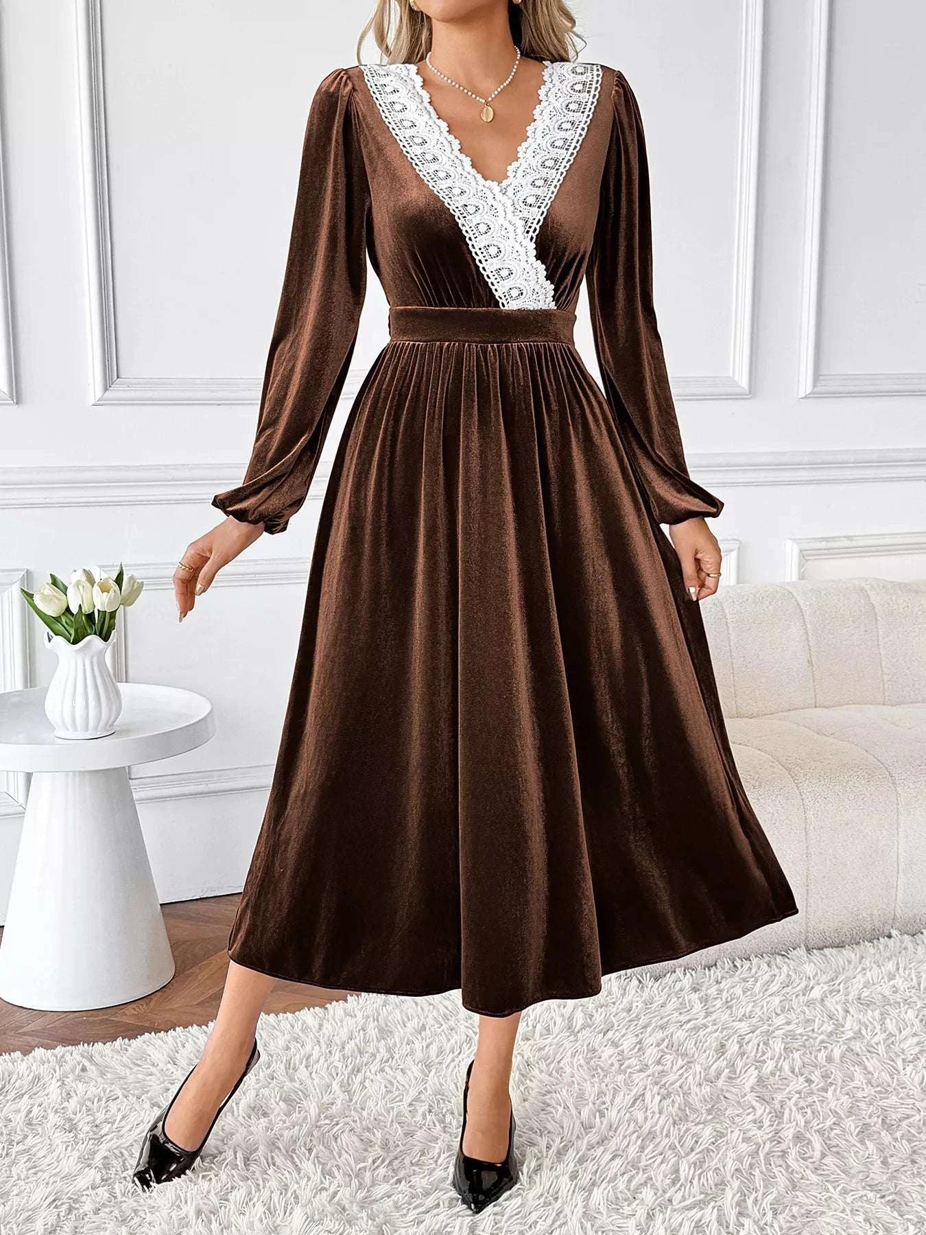 Velvet A-Line Dress with Lace Trim WESTCLOSET