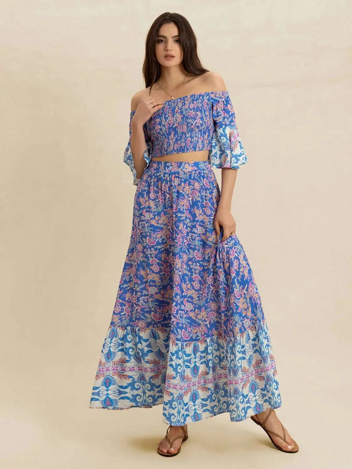 Smocked Off-Shoulder Printed Top and Skirt Set WESTCLOSET