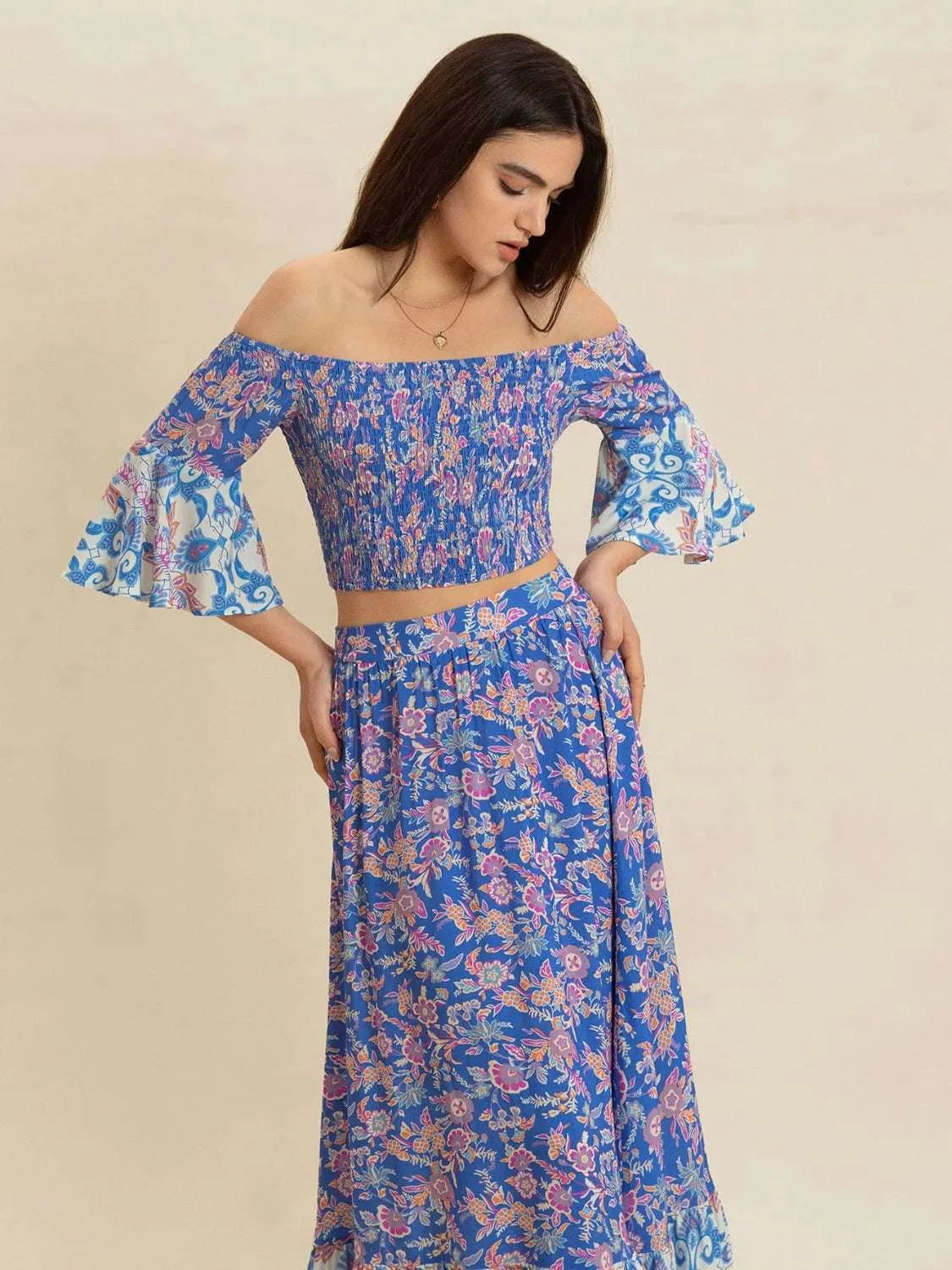 Smocked Off-Shoulder Printed Top and Skirt Set WESTCLOSET
