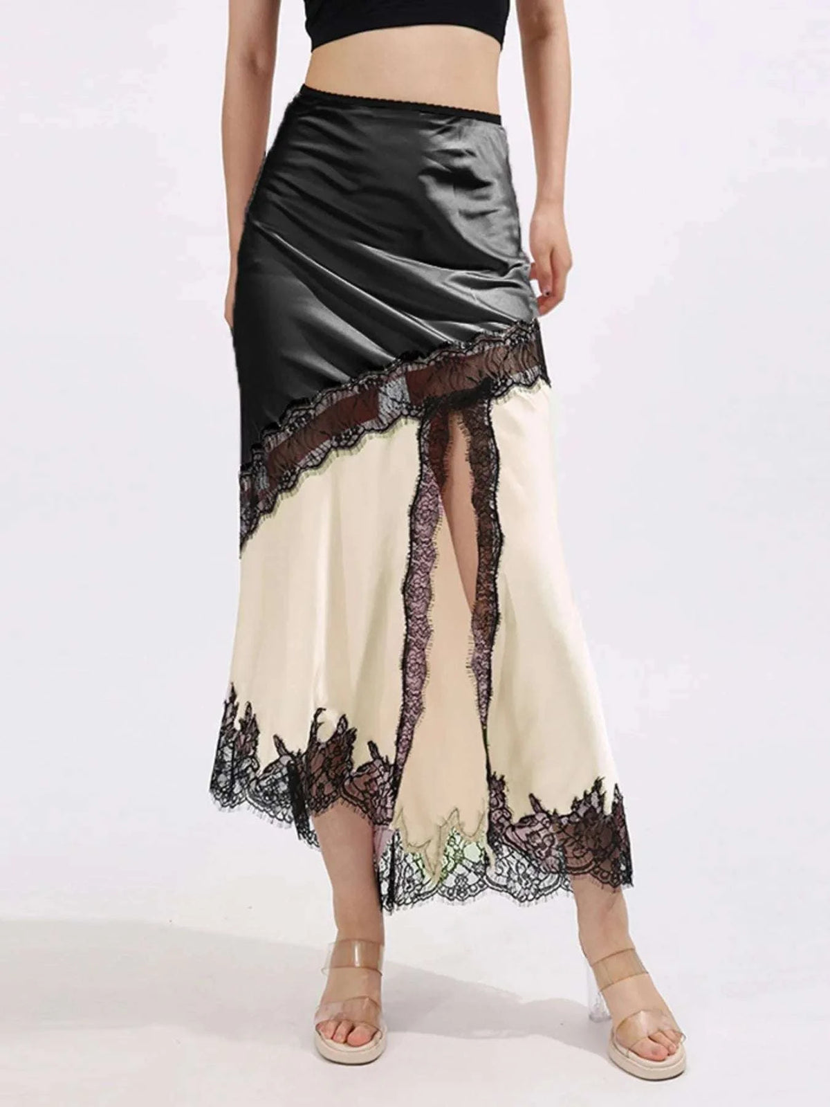 Lace Trim Asymmetrical Midi Skirt WESTCLOSET