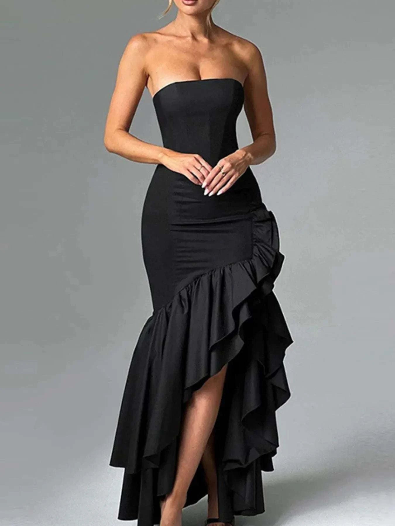 Strapless Ruffle High-Low Bodycon Dress WESTCLOSET