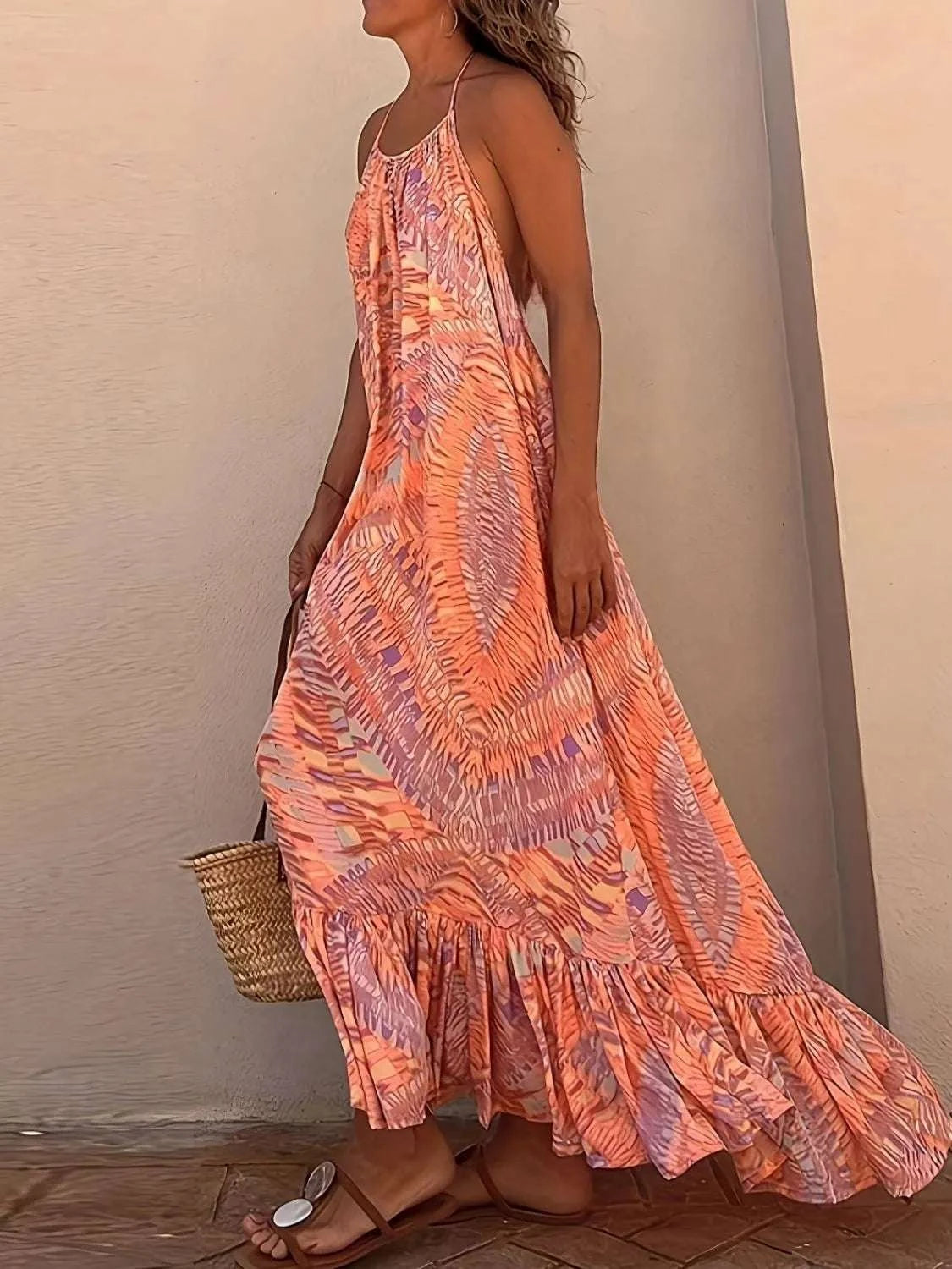 Backless Printed Halter Neck Maxi Cami Dress WESTCLOSET