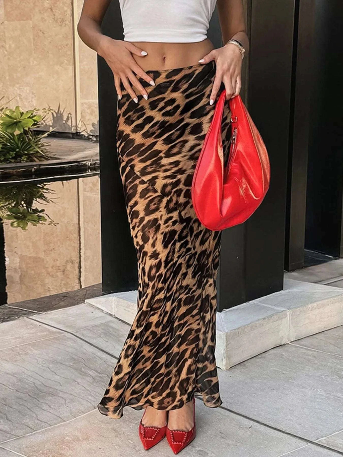 Leopard Print High Waist Flare Maxi Skirt WESTCLOSET