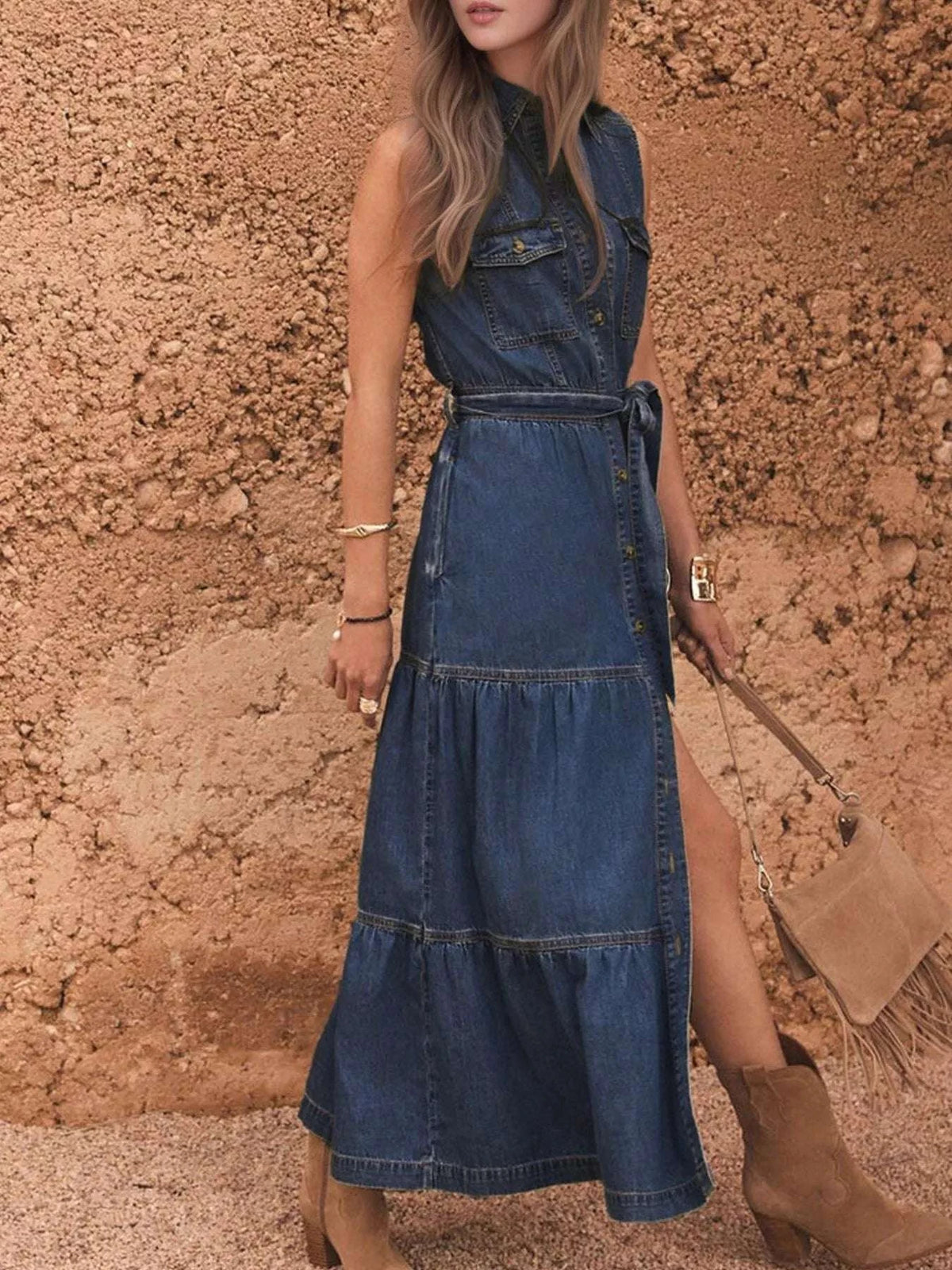Button Front Sleeveless Denim Dress WESTCLOSET