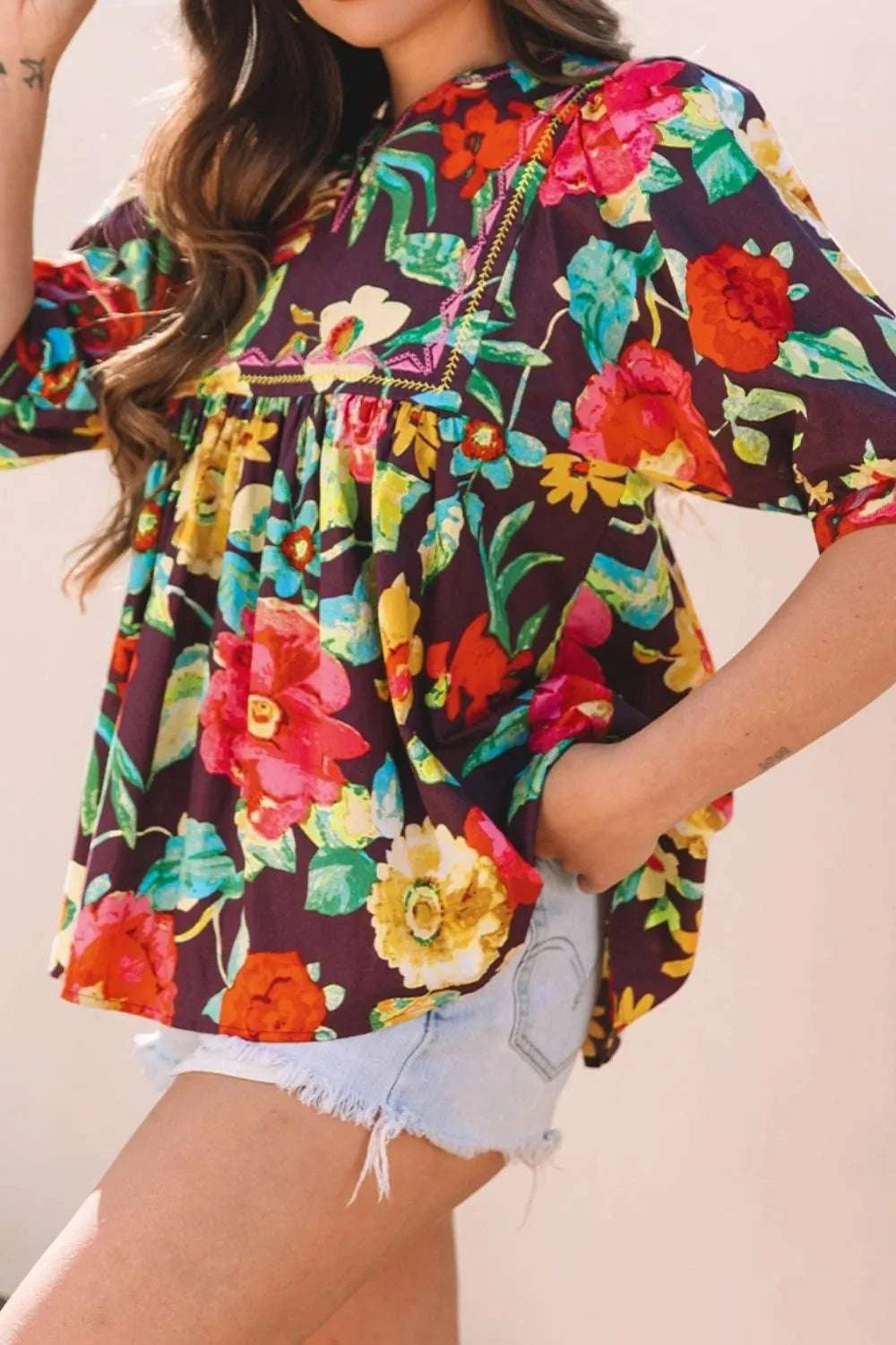 Flower Embroidered Trim Half Sleeve Blouse WESTCLOSET