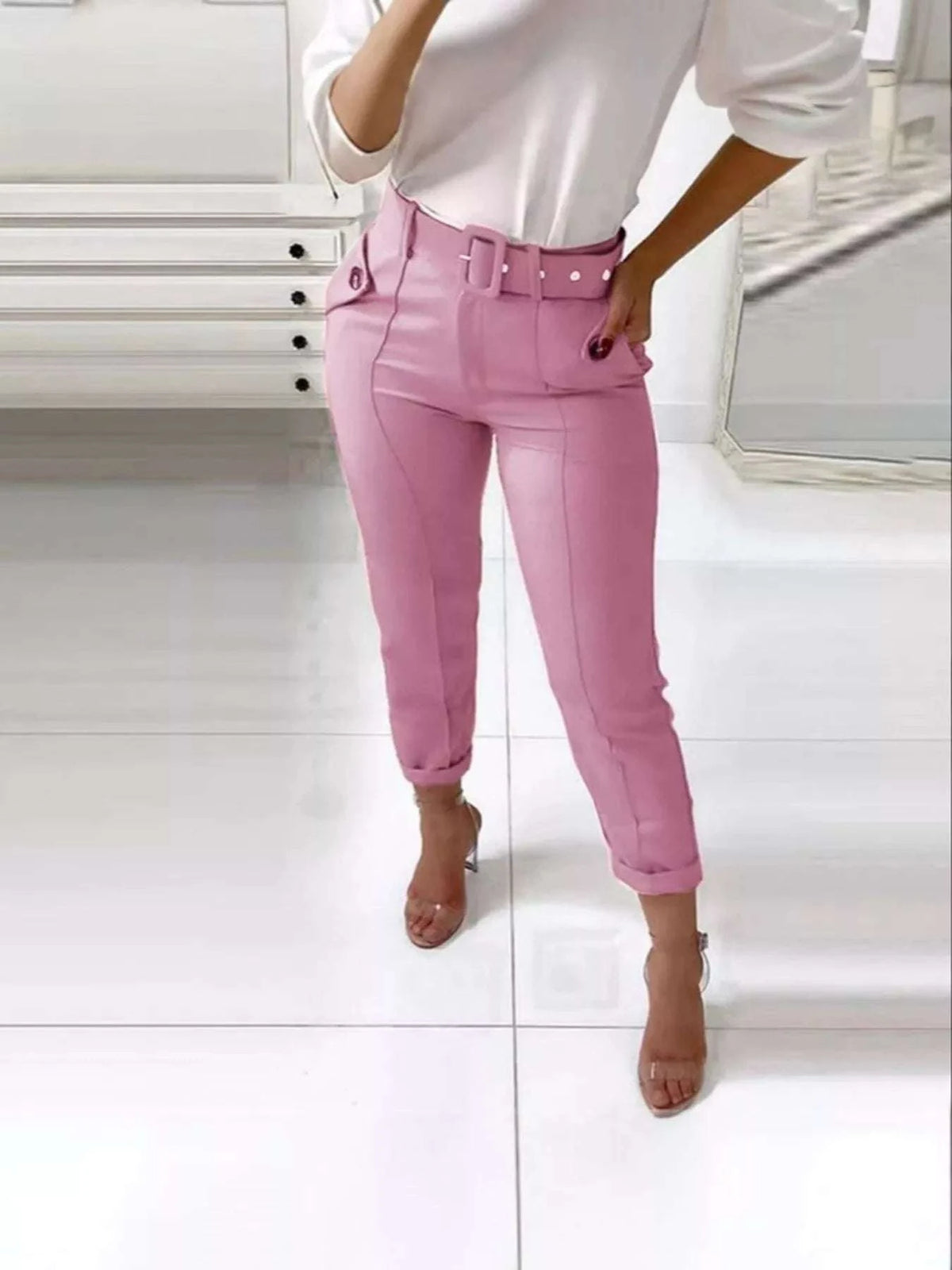 High Waist Belted Slim Fit Ankle Pants WESTCLOSET