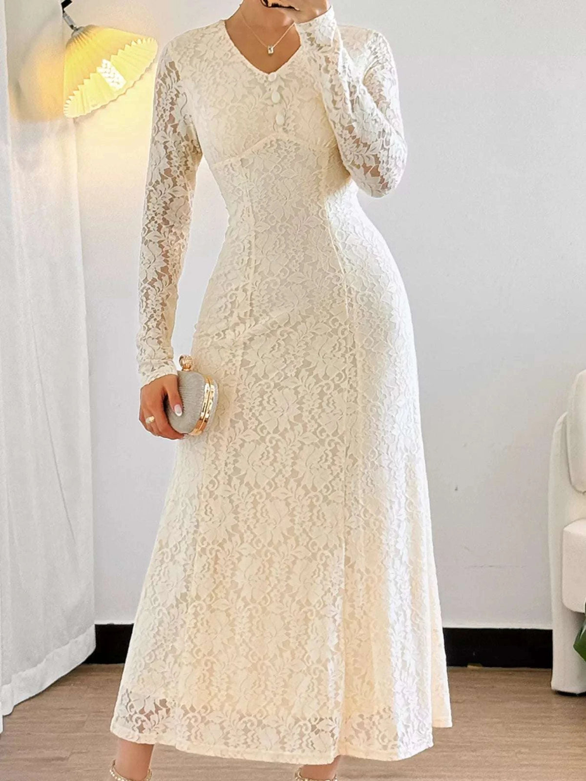 Lace V-Neck Long Sleeve Dress WESTCLOSET