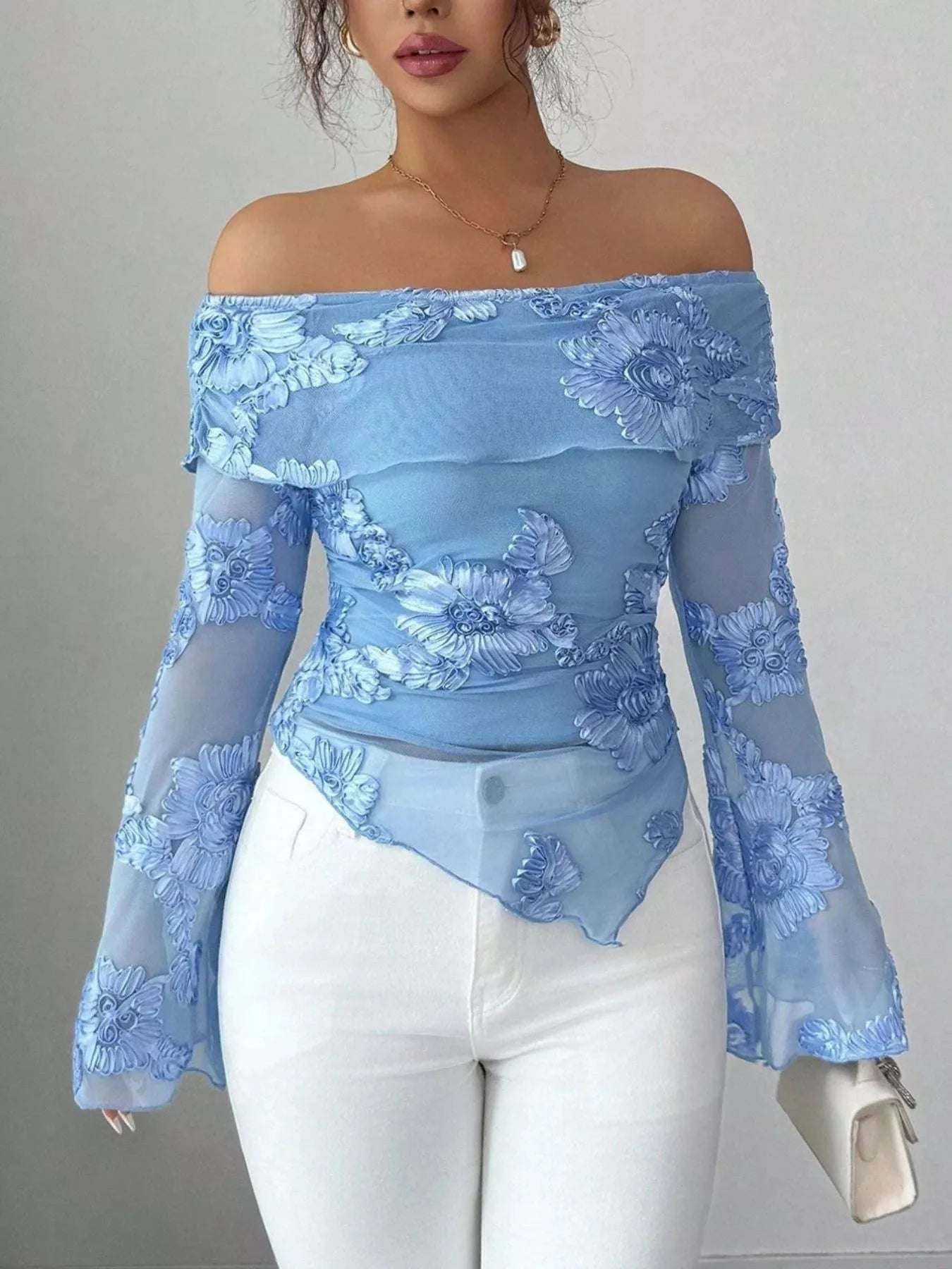 Floral Off-Shoulder Mesh Blouse WESTCLOSET