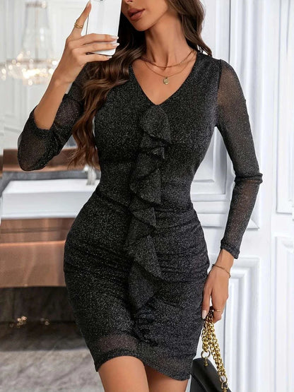 Metallic Ruffled V-Neck Long Sleeve Mini Dress WESTCLOSET
