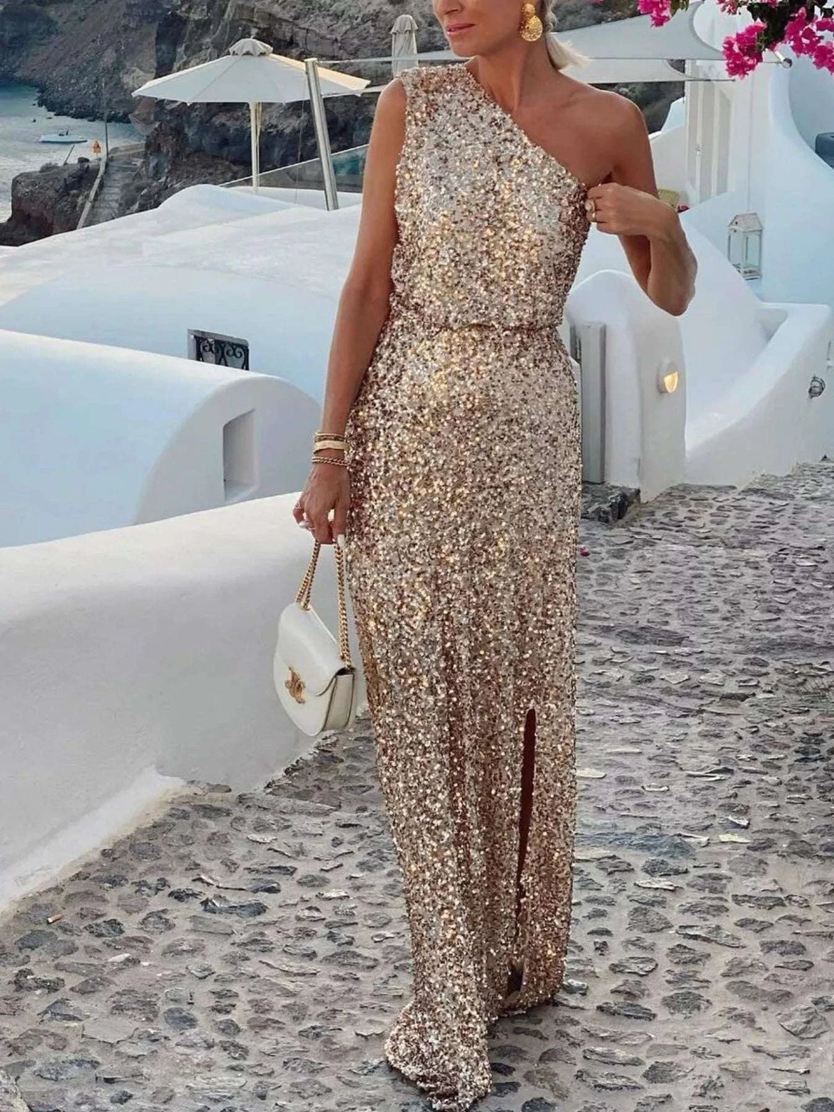 Sequin One-Shoulder Slit Maxi Dress WESTCLOSET