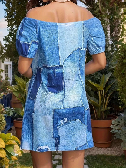 Patchwork Off Shoulder Denim Mini Dress WESTCLOSET
