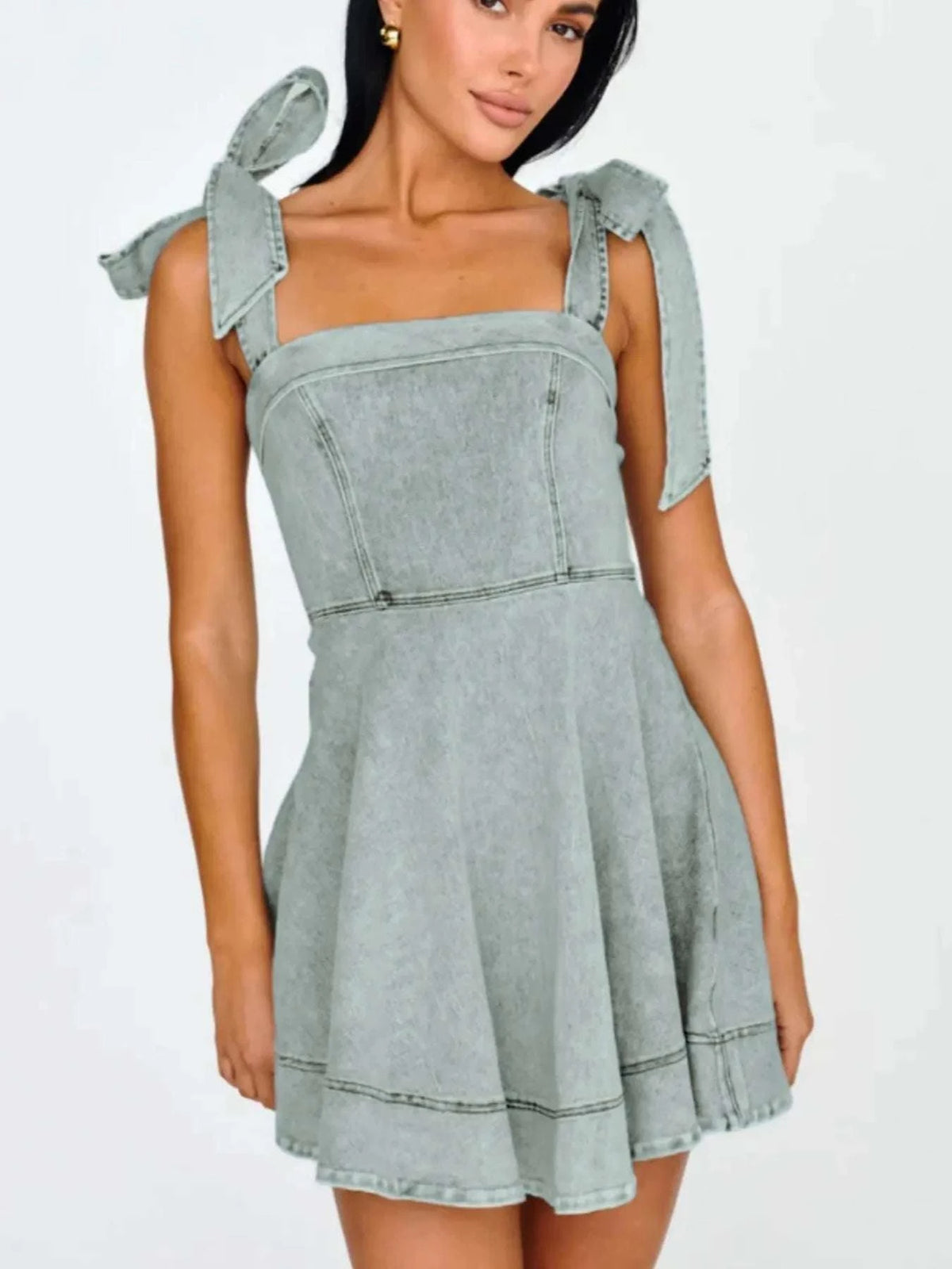 Bow-Shoulder Square Neck Denim Mini Dress WESTCLOSET