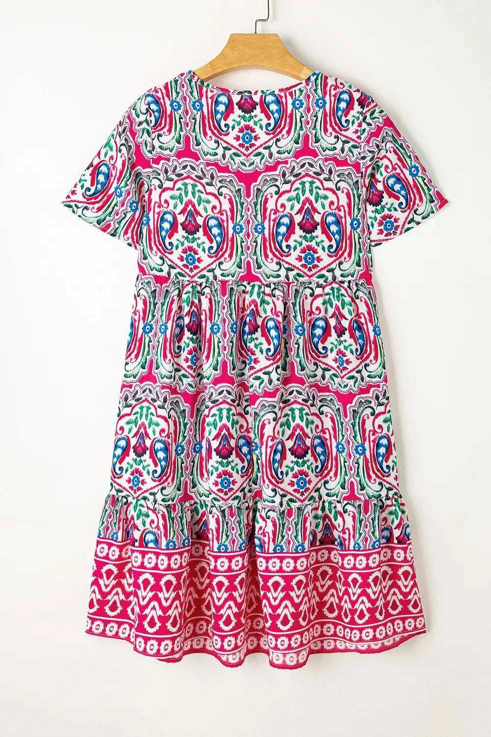 Printed Tie Neck Short Sleeve Dress WESTCLOSET
