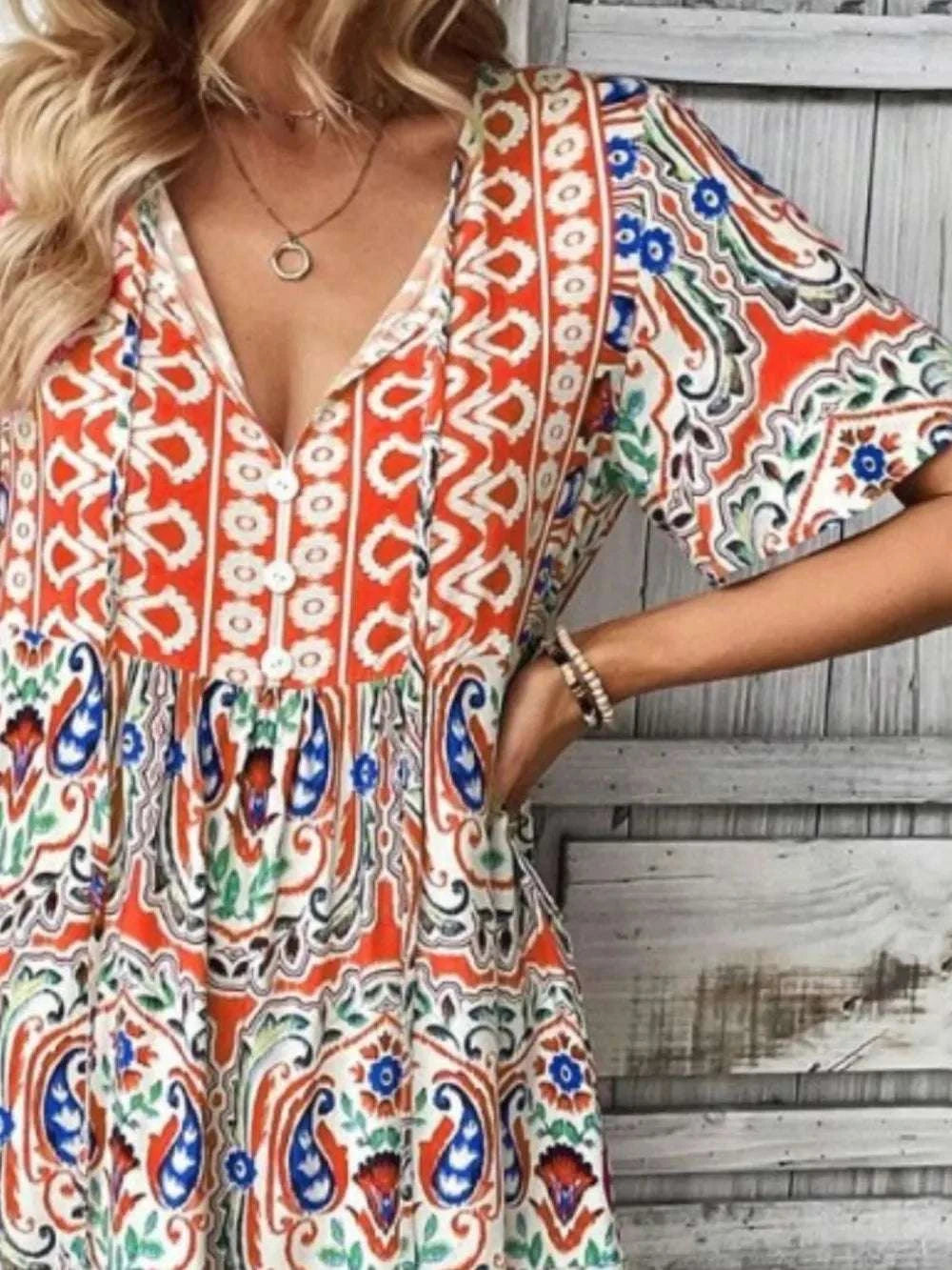 Printed Tie Neck Short Sleeve Dress WESTCLOSET