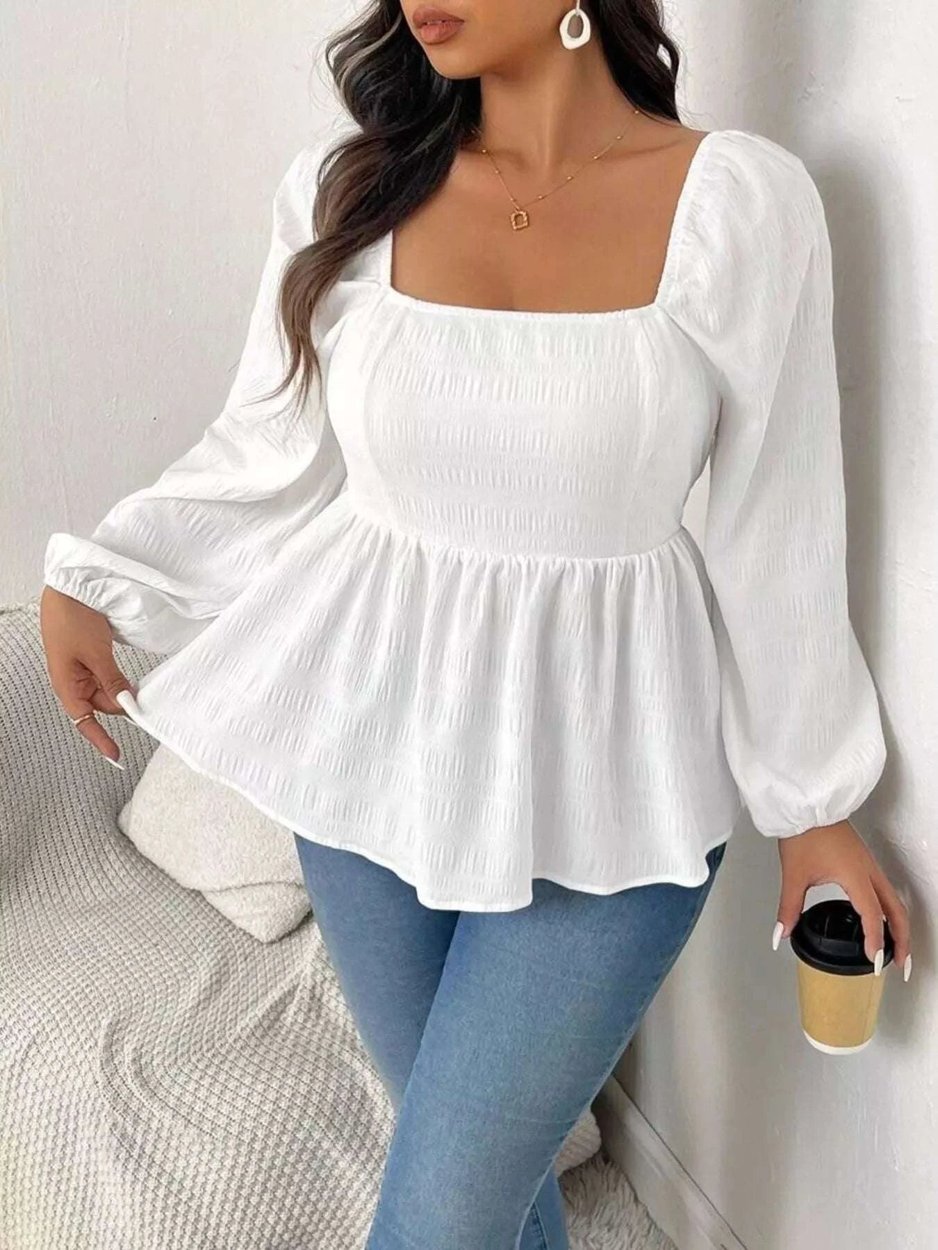 Plus Size Square Neck Long Sleeve Peplum Blouse WESTCLOSET