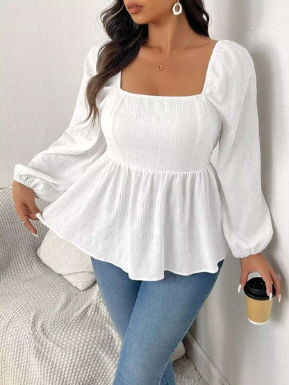 Plus Size Square Neck Long Sleeve Peplum Blouse WESTCLOSET